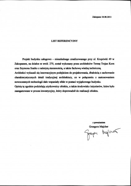 List referencyjny Grzegorza Majcher